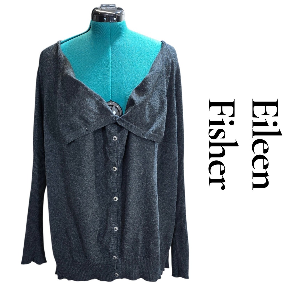 Eileen Fisher Cardigan Womens L Gray Organic Cotton Draped Collar Classic Luxury